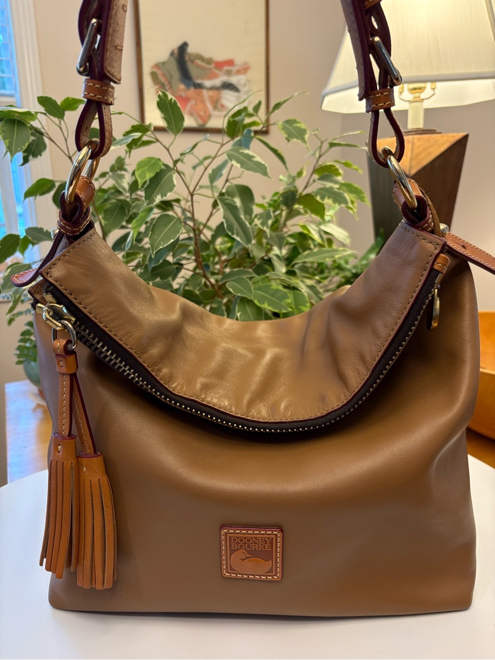 Dooney & Bourke Florentine Hobo Bag Natural Camel Tan Tassel Leather Shoulder